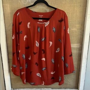 Van  Heusen Women's Red Feather Print  Business Casual Top with 3/4 sleeve
